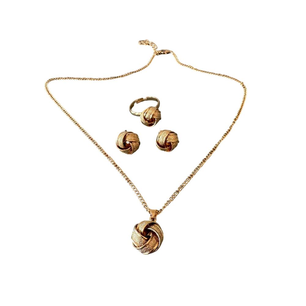 Gold Tone Knot Necklace Earrings Ring Jewelry Set Adjustable 18” NWOT